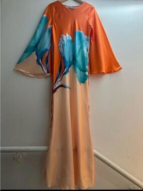 Elegant Orange & Teal Floral Maxi Dress